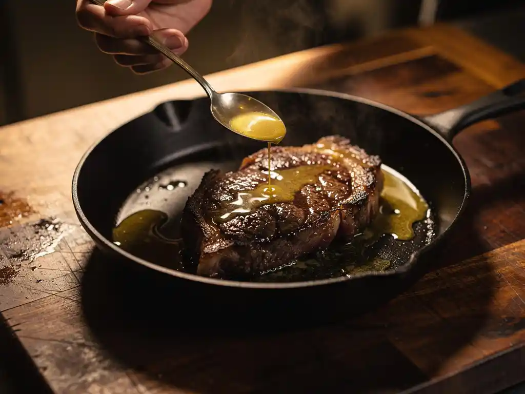 Chef lepelt gesmolten boter over perfect aangebakken biefstuk in gietijzeren pan op rustieke houten snijplank