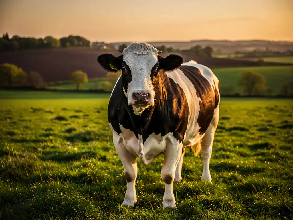 Majestueuze Nederlandse Blaarkop stier in weelderig groen weiland tijdens gouden uurtje, glooiende heuvels op achtergrond