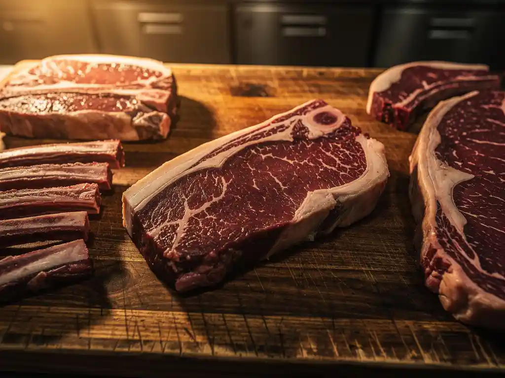 Rauw brisket met marmerpatroon op houten hakblok naast ribeye en tenderloin in professionele keuken
