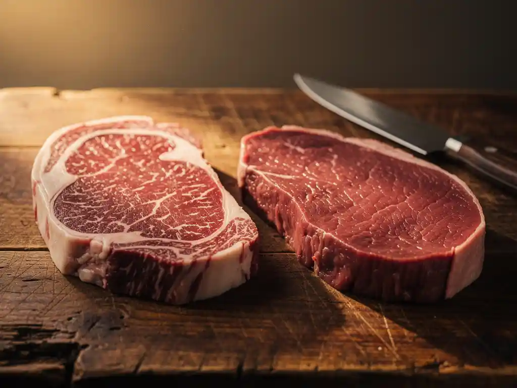 Charolais en Limousin biefstukken op rustieke houten snijplank met koksmes, warme verlichting toont marmering en textuur