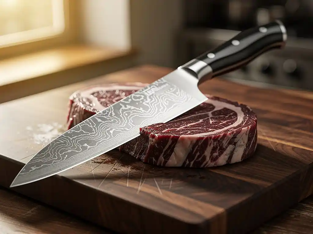 Damascus stalen koksmes naast gemarmereerde ribeye steak op donkere houten snijplank met warme natuurlijke verlichting