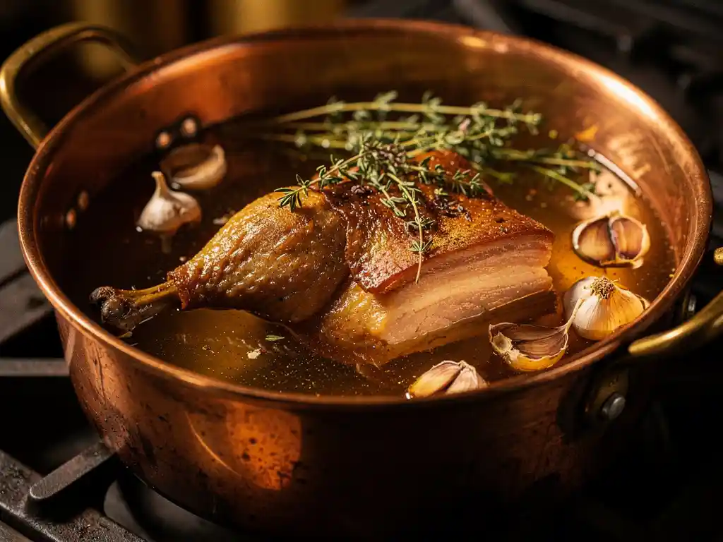 Eendenbouten confit sudderend in gouden geklaarde boter met tijm en knoflook in een koperen pan op een gietijzeren fornuis.