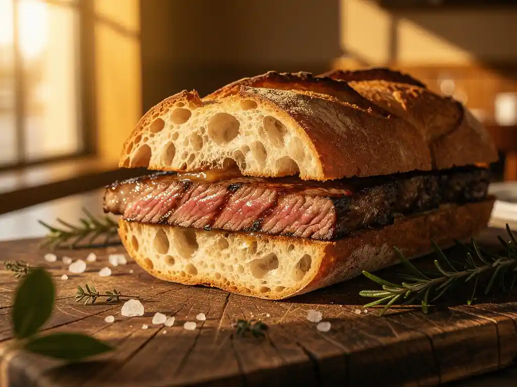 Gegrilde steak sandwich op artisanaal zuurdesembrood met zeezout en verse kruiden op houten snijplank