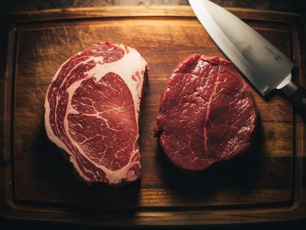 Rauwe Hereford en Black Angus steaks op houten snijplank met koksmes, warme keukenverlichting