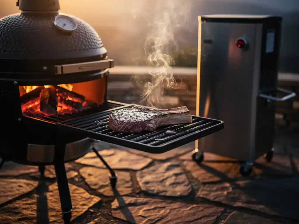 Kamado en pelletgrill naast elkaar op terras met ribeye steak op gietijzeren rooster, hardhouten rook en gloeiende kolen bij gouden uur.