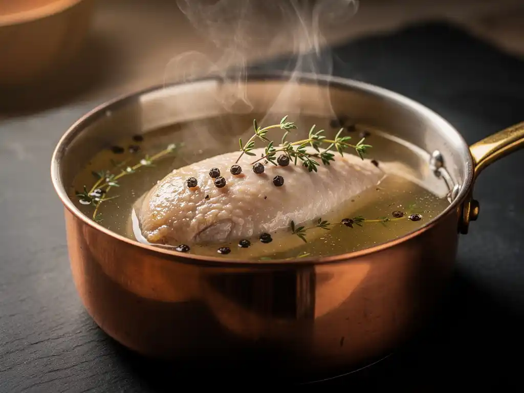 Kipfilet pocheren in aromatische bouillon met tijm en peperkorrels, in koperen steelpan op leistenen ondergrond.