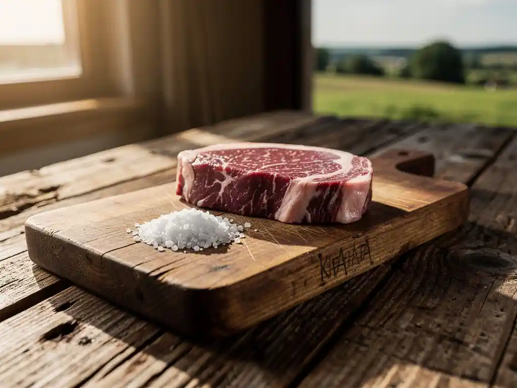 Ruwe biefstuk met marmering op houten snijplank naast grove zeezout in warme ochtendzon
