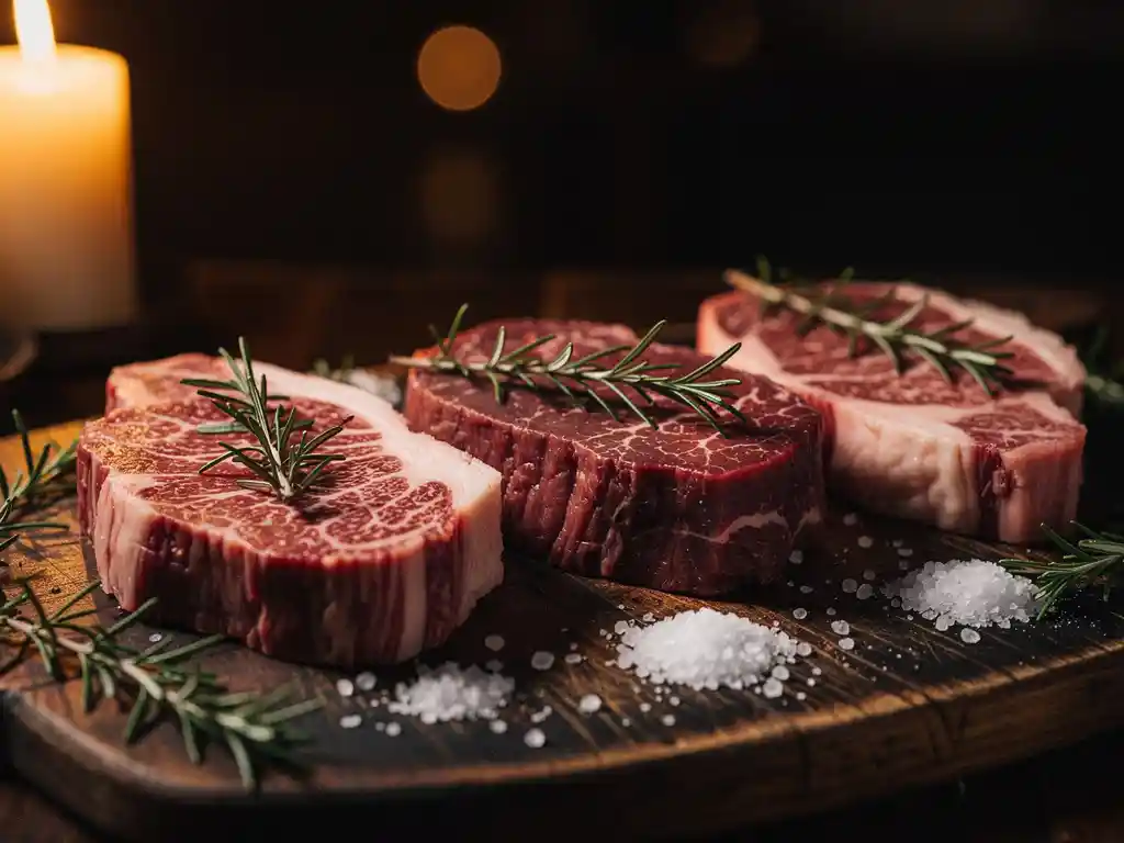 Premium rauwe steaks met Wagyu, Scottish Angus en USA Prime op donkere houten plank met rozemarijn en zeezout