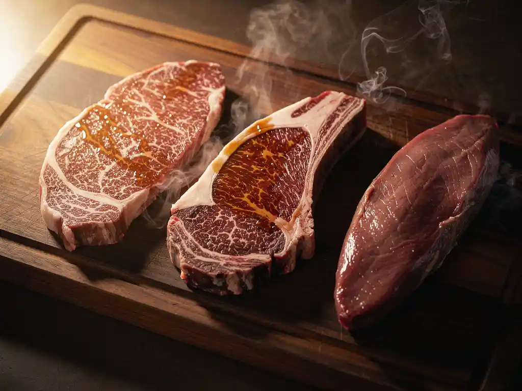 Premium rauwe steaks op donkere houten snijplank met wagyu, ribeye en ossenhaas, omringd door houtrook