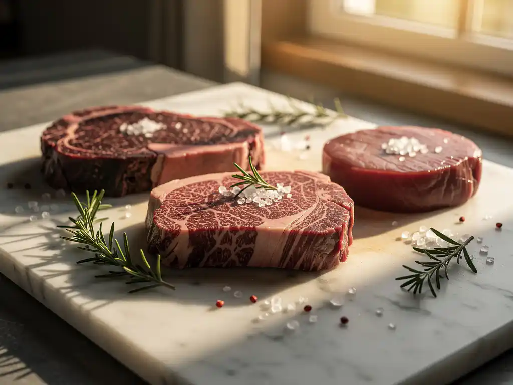 Drie premium rauwe steaks op marmeren snijplank met rozemarijn en zeezout in warm zonlicht