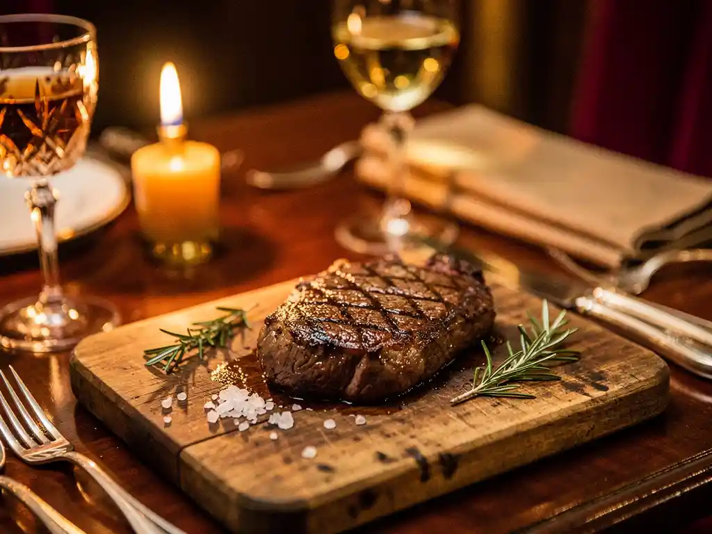 Gegrilde prime steak op houten snijplank met kaarslicht, wijnglazen en bestek in intiem restaurant