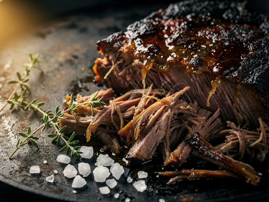 Pulled beef met gekarameliseerde korst op gietijzer, omringd door tijm en grof zeezout, dramatisch zijlicht.