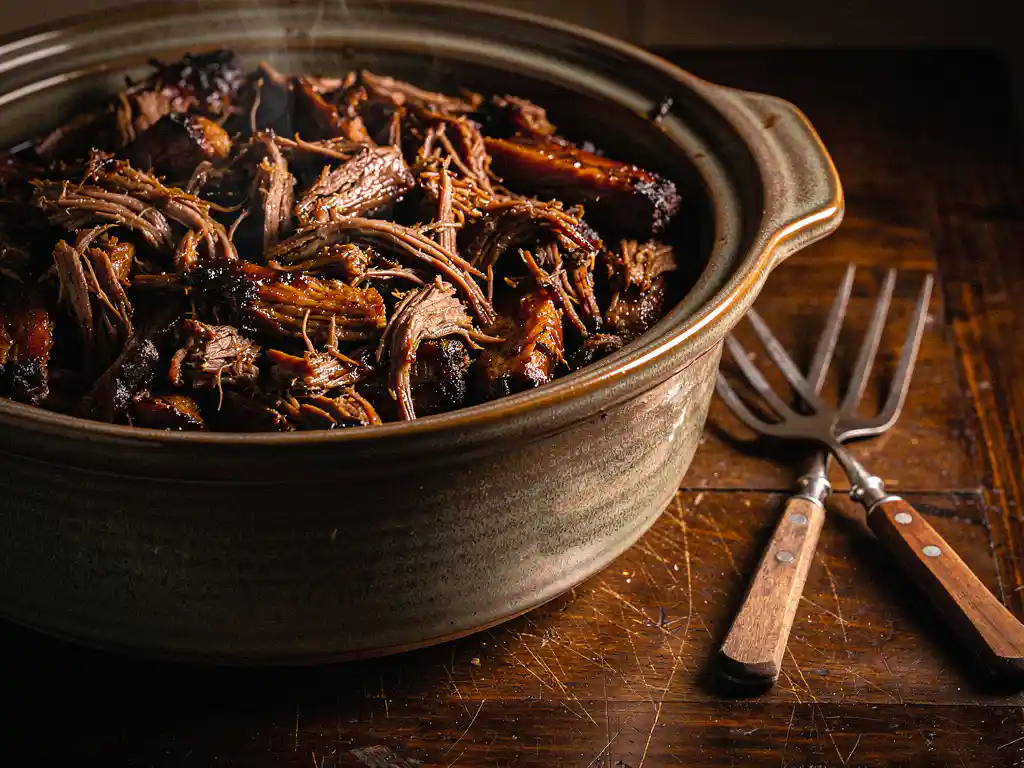 Stomende slowcooker met diep gekarameliseerd pulled beef, glanzende mahonie draadjes in braadvocht, rustieke vleesvorken ernaast op donker eikenhout.