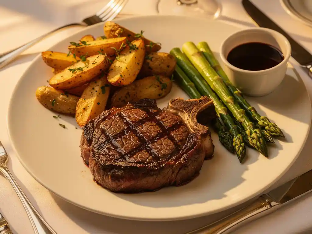 Gegrilde ribeye steak op wit bord met geroosterde aardappeltjes, asperges en rode wijnsaus op elegant gedekte tafel
