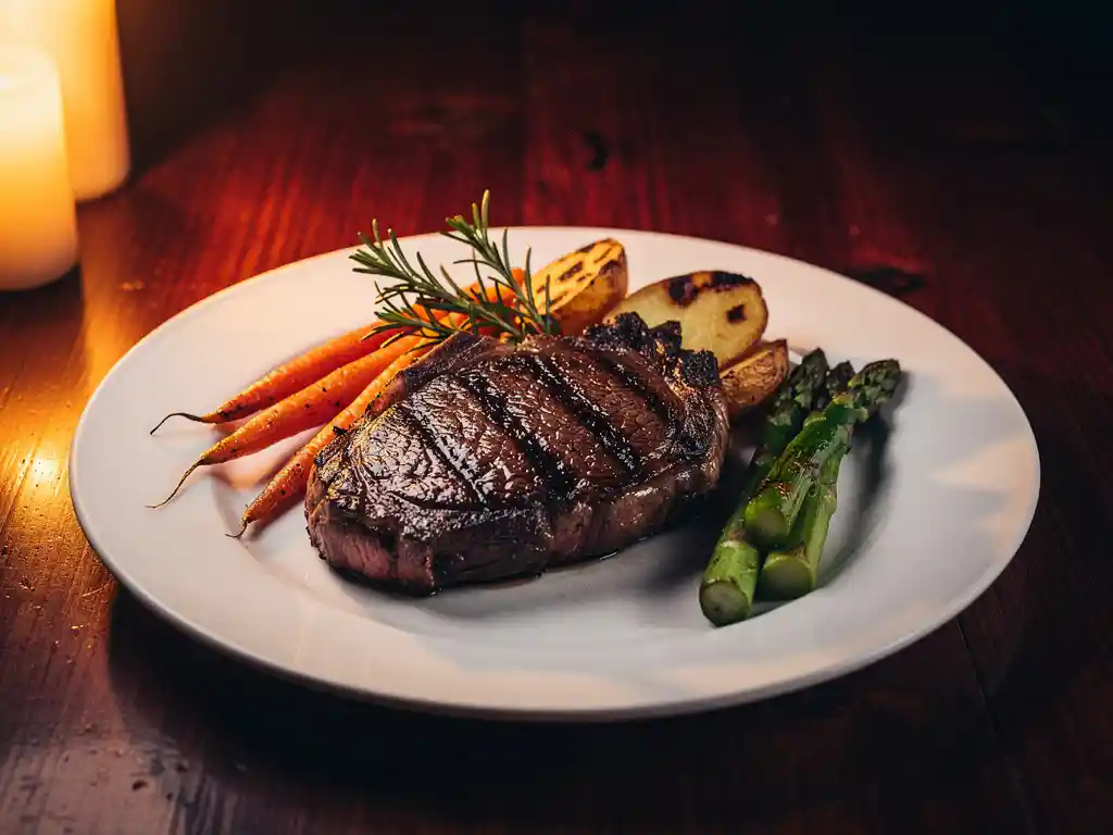 Gegrilde ribeye steak met roostertekens op wit porseleinen bord, gegarneerd met rozemarijn en geroosterde groenten