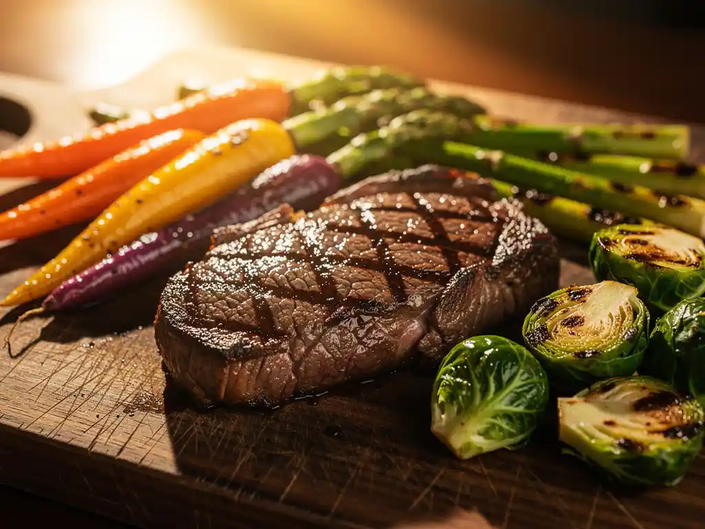 Gegrilde ribeye steak met grill strepen op houten snijplank, omringd door geroosterde regenboog wortels, gegrilde asperges en gekarameliseerde spruitjes