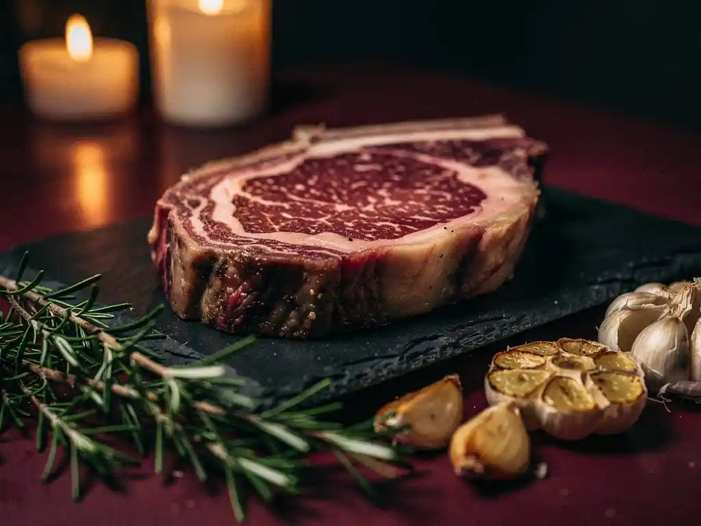 Ribeye steak met marbling op leisteen snijplank, omringd door rozemarijn en geroosterde knoflook bij kaarslicht