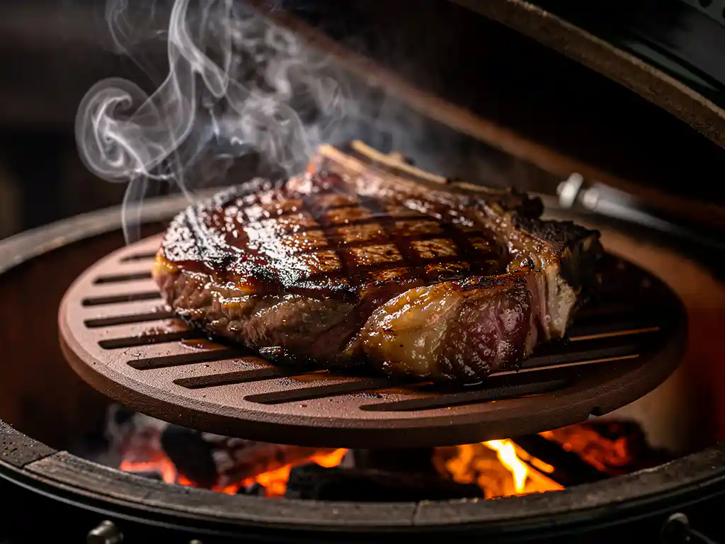 Dikke bone-in ribeye op keramische hitteplaat van kamado grill, omgeven door hardhouten rook en gloeiende houtskoolkolen.