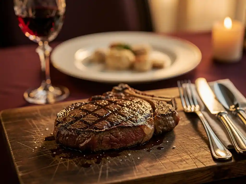 Gegrilde ribeye steak met grillstrepen op houten snijplank naast bestek en wijnglas in warm restaurant licht