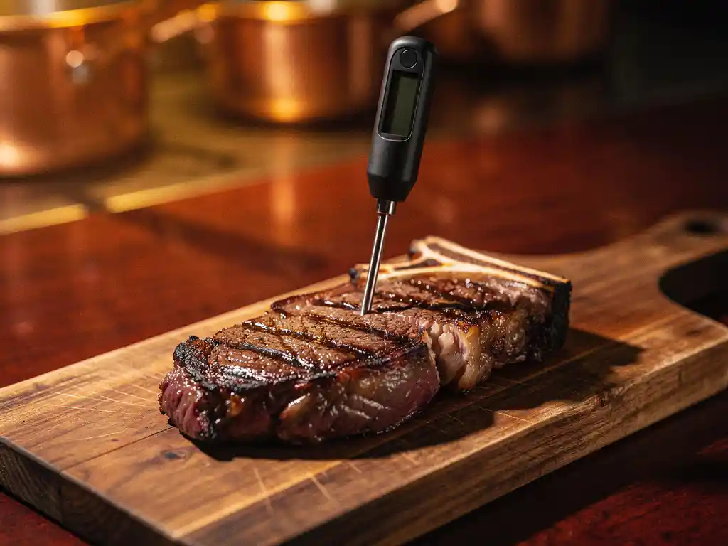 Dikke ribeye steak met perfecte grillstrepen op houten snijplank, digitale vleesthermometer toont ideale kerntemperatuur