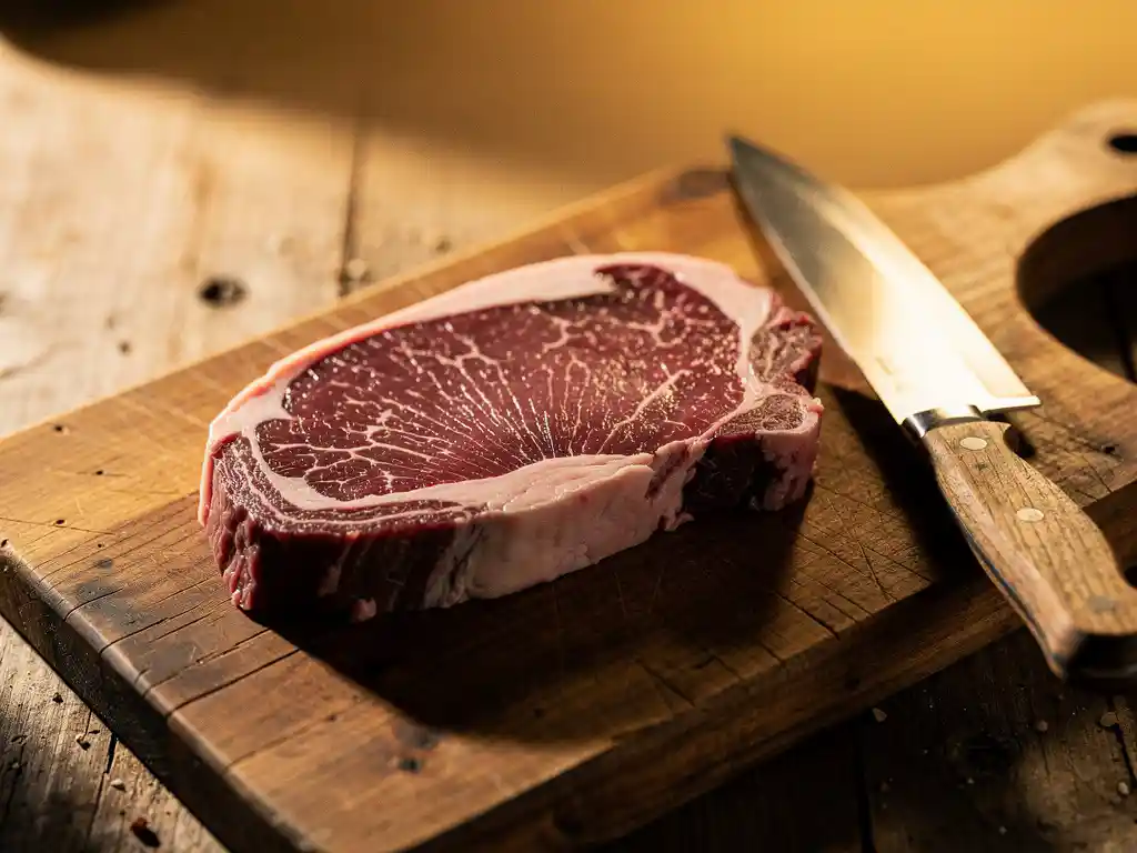 Gemarmoreerde secreto biefstuk op rustieke houten snijplank met koksmes, warme verlichting toont vleesstructuur