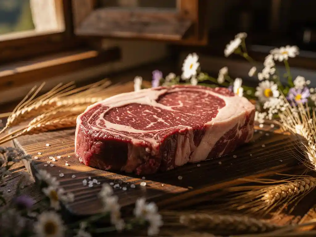 Raw Simmental ribeye steak met marmerpatroon op donkere houten snijplank, omringd door tarwestengels en Alpenbloemen in warm zonlicht