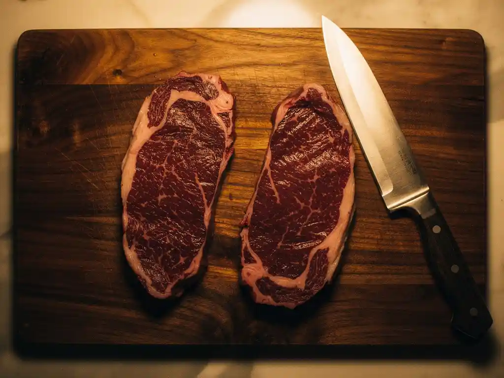 Gemarmoreerde skirt steak en flank steak op donkere walnoten snijplank met koksmes, warme keukenverlichting