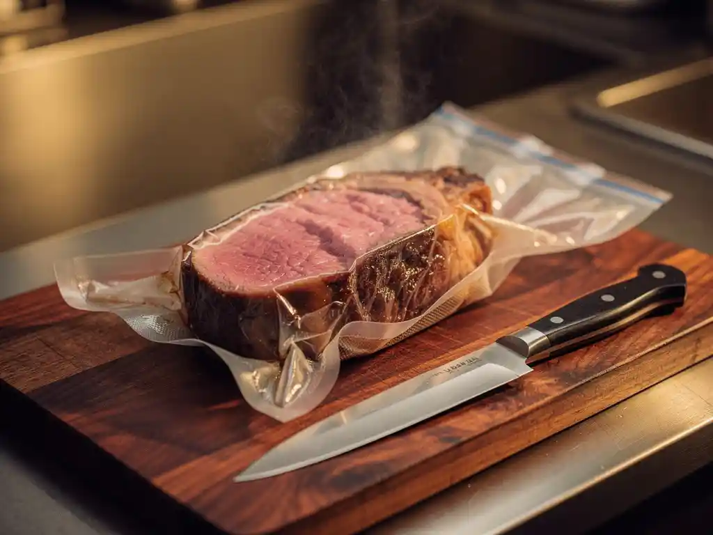 Premium biefstuk in vacuümzak onderdompeld in sous vide waterbad met stoom, chef's mes op mahoniehout snijplank