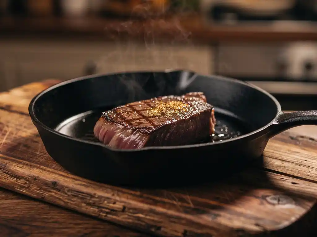 Wagyu biefstuk sist in gietijzeren pan op houten snijplank met gouden korst en stoom