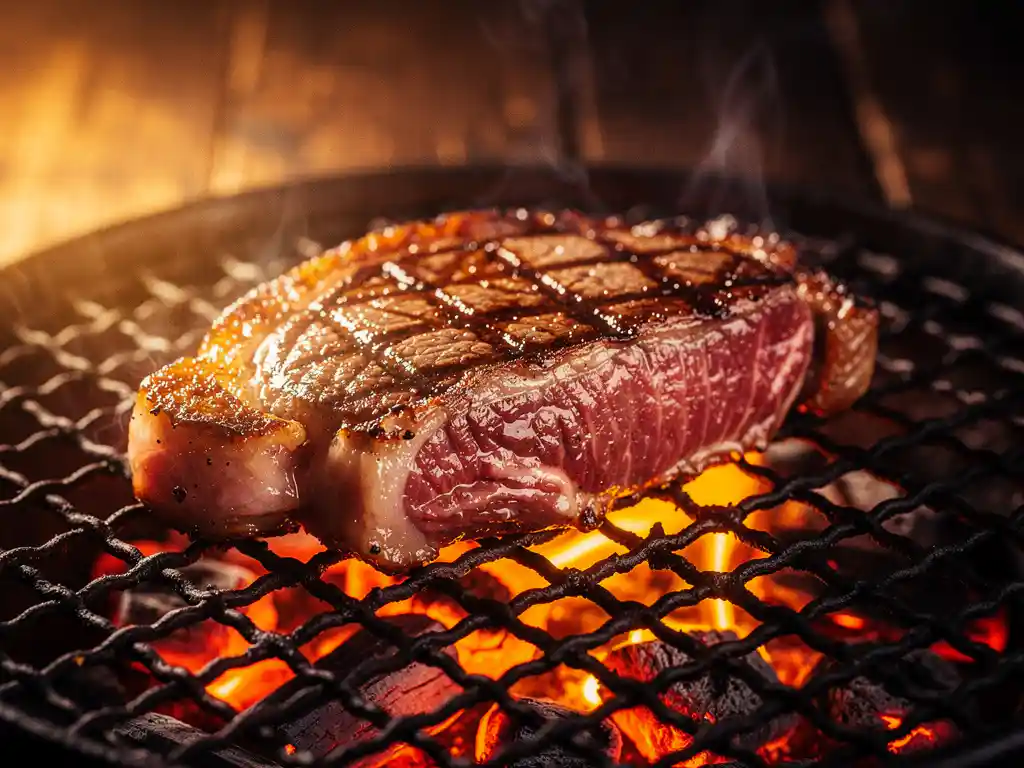 Wagyu biefstuk sist op gloeiende houtskool met vlammen die de perfect aangebraden randen likken