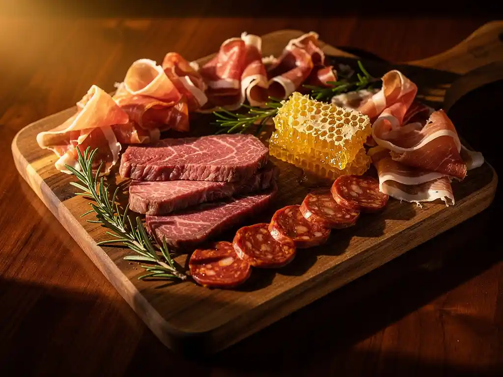 Rustieke houten snijplank met wagyu, prosciutto en chorizo, gegarneerd met rozemarijn en honingraat in warm licht
