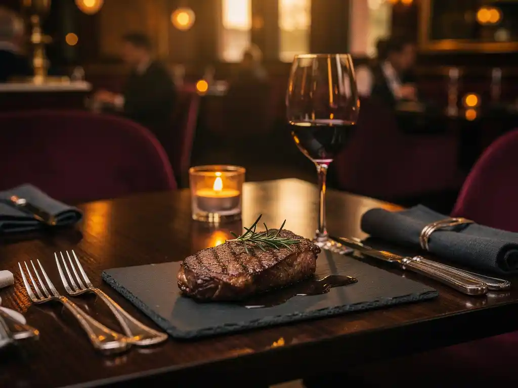 Perfectly seared steak on a slate plate beside a crystal wine glass in a candlelit upscale steakhouse with warm amber tones.