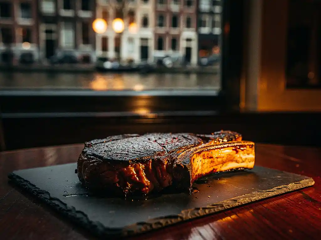 Dik gesneden dry-aged ribeye op leisteen, met gekarameliseerde korst in kaarslicht en Amsterdams grachtenpand op de achtergrond.