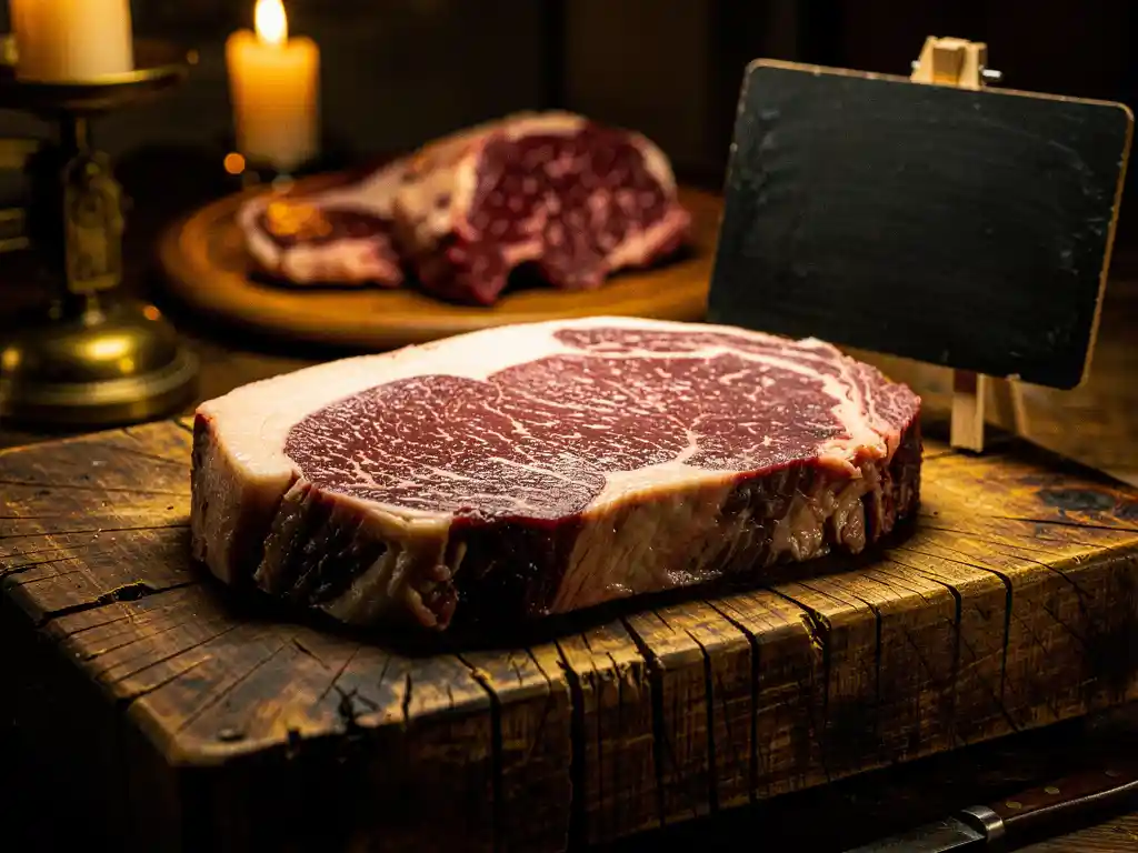 Dry-aged ribeye op een houten hakblok naast een krijtbord met prijzen, verlicht door warm kaarslicht dat de marmering benadrukt.
