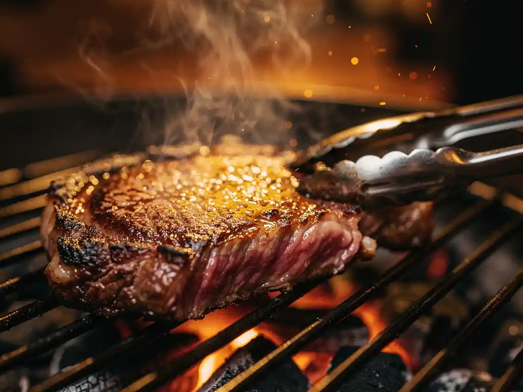 Dry-aged ribeye steak op houtskoolbarbecue met goudbruine korst, rookpluimen en gloeiende sintels op de achtergrond.