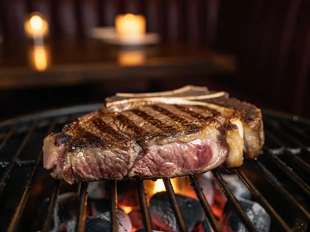 Dry-aged ribeye steak met gouden korst op gloeiende houtskoolbarbecue, warm kaarslicht in sfeervolle steakhouse.