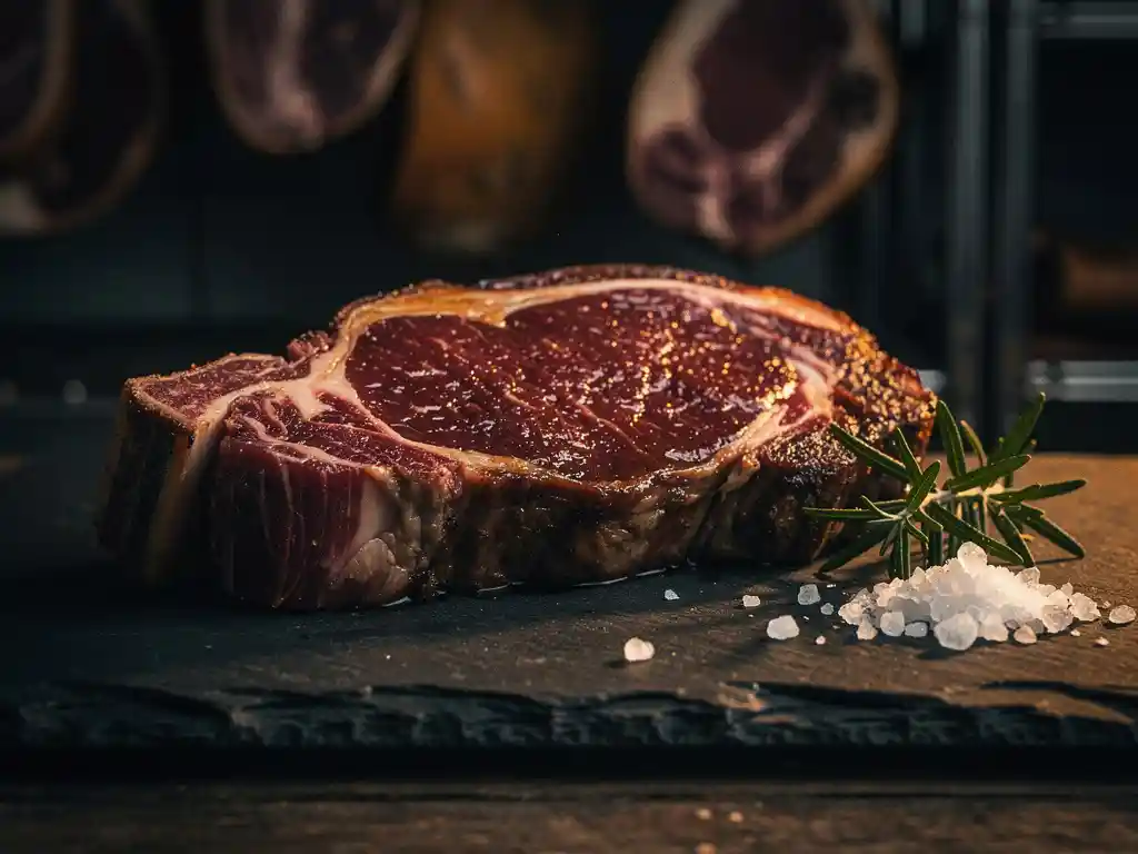 Dry-aged ribeye met mahonie korst en marmering op leisteen, grof zeezout en rozemarijn, dramatische zijverlichting.