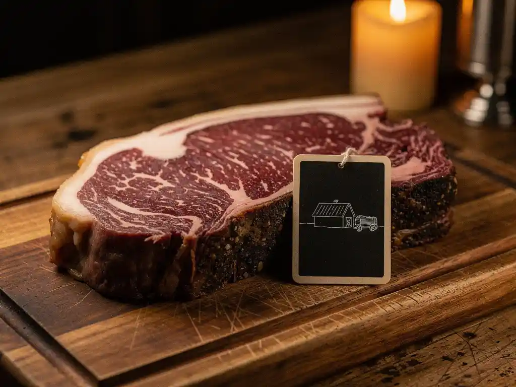 Dry-aged ribeye on a worn oak cutting board beside a butcher's paper certificate of origin, with a farm-illustrated chalkboard tag in warm candlelight.