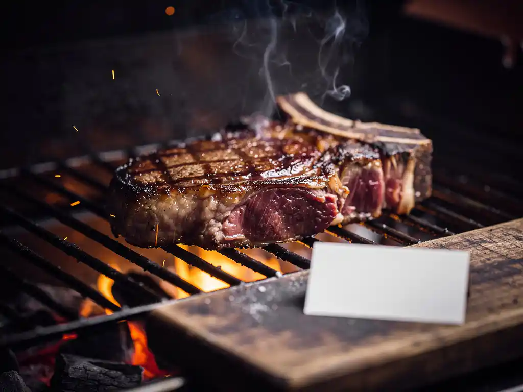 Thick dry-aged ribeye steak searing over glowing hardwood charcoal, smoke rising beside a handwritten origin card on a rustic wooden board.