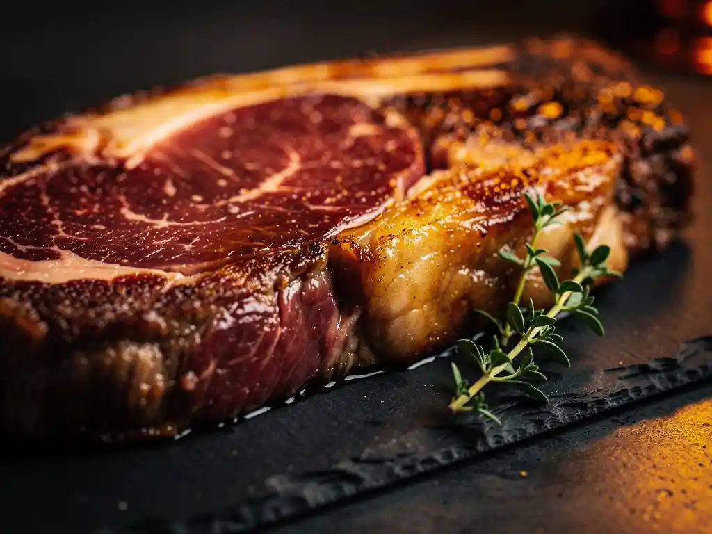 Thick-cut dry-aged ribeye on a dark slate board with golden-brown crust, rendered fat, and fresh thyme sprig in warm ember light.