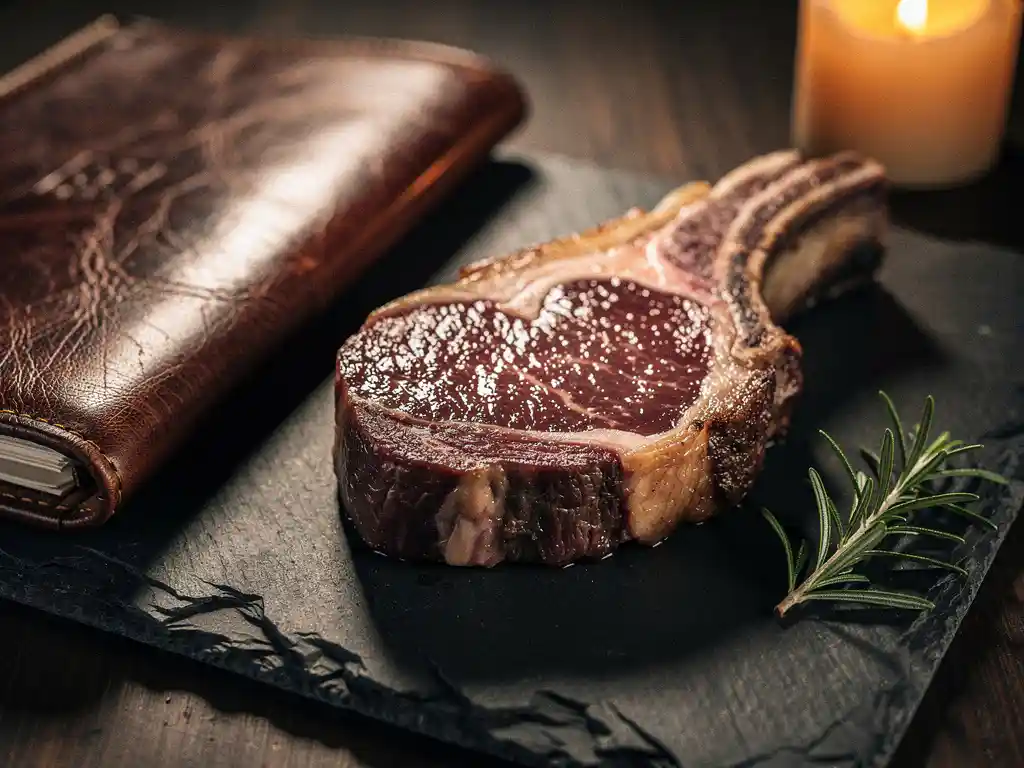 Thick-cut dry-aged ribeye on a slate board with visible marbling, fresh rosemary, and a leather menu in warm candlelight.
