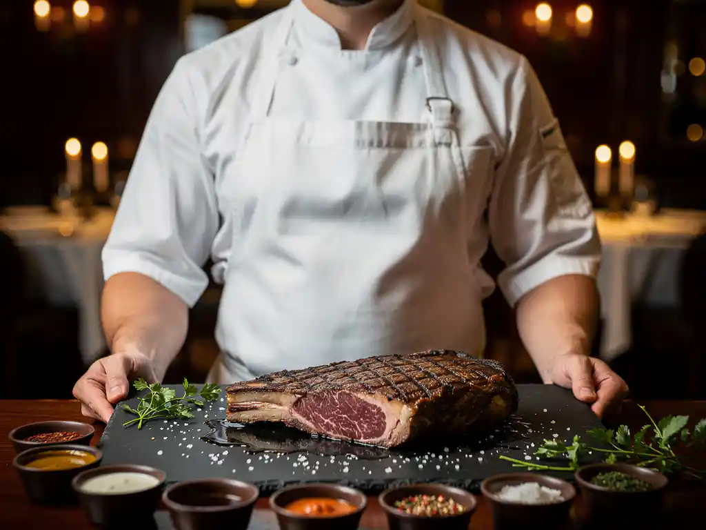 Meat sommelier in white apron presenting dry-aged ribeye on slate board with herb garnishes in a candlelit fine-dining restaurant.