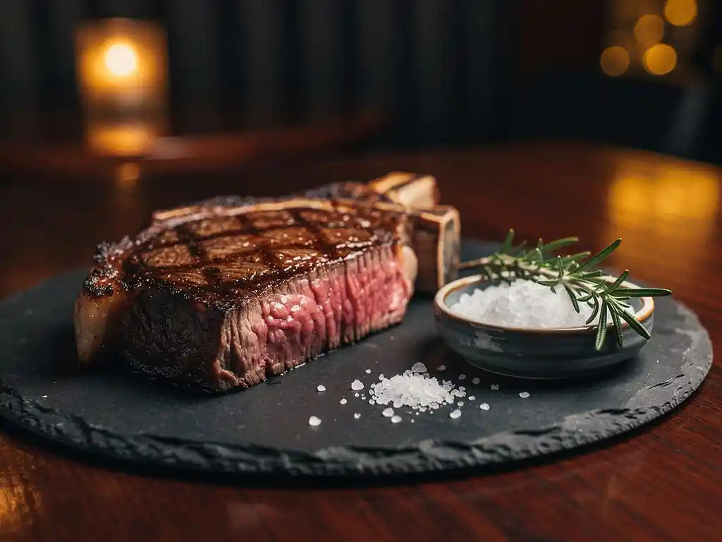 Thick-cut dry-aged ribeye with caramelized crust on slate board, garnished with rosemary and flaky sea salt in candlelit restaurant.
