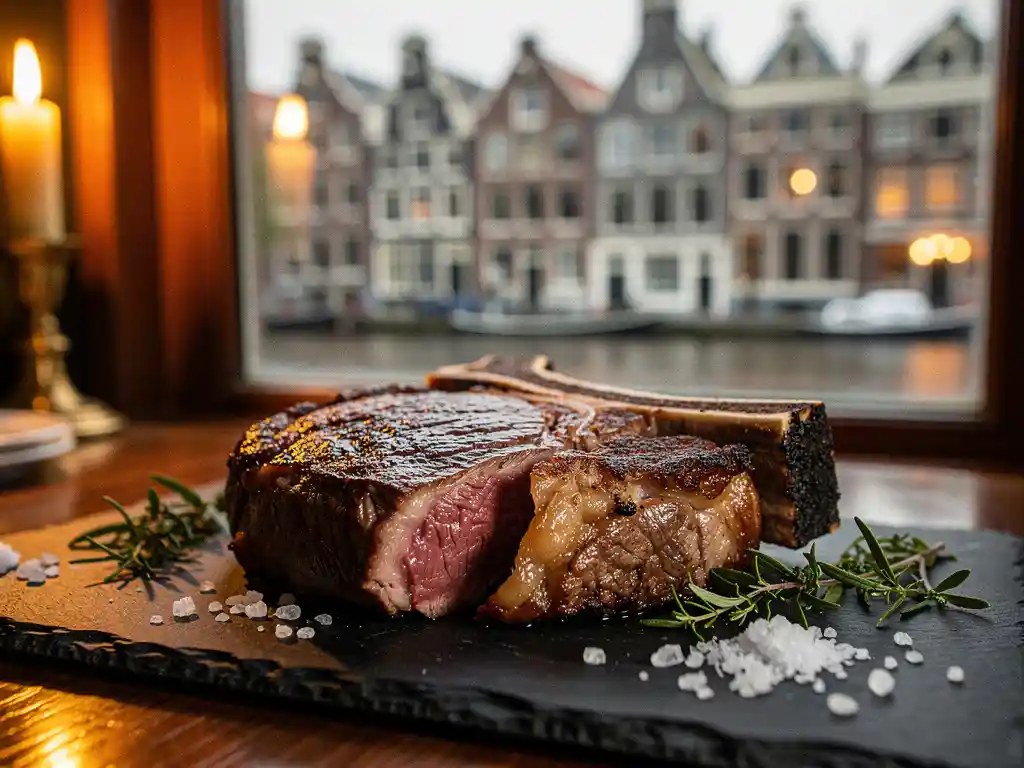 Dry-aged ribeye steak on a slate board with fresh herbs and sea salt, Amsterdam canal houses softly visible through a candlelit restaurant window.