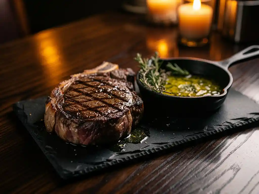 Dry-aged ribeye steak with charred grill marks on a slate board beside melting herb butter in a cast-iron skillet, Amsterdam restaurant.