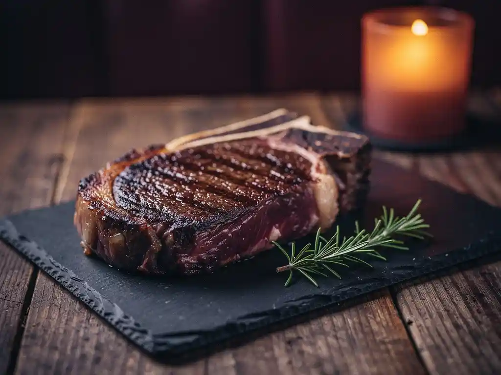 Dry-aged ribeye steak with mahogany crust and rich marbling on a dark slate board, rosemary sprig, warm candlelit restaurant ambiance.