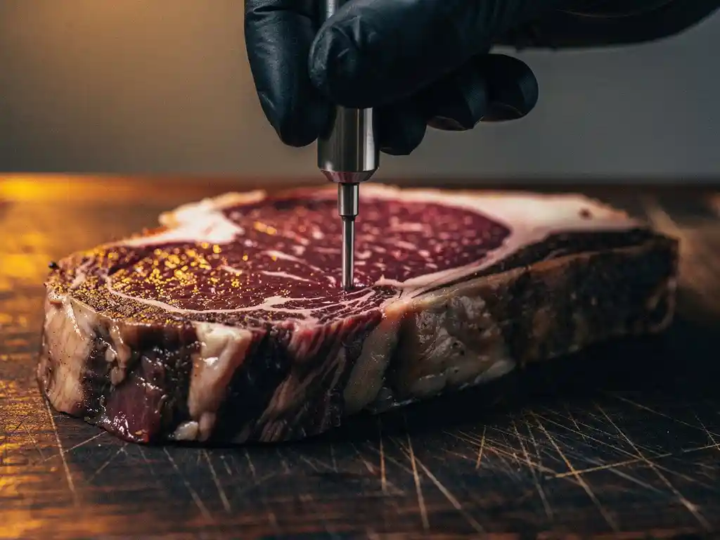Dry-aged ribeye steak on a dark oak butcher's block with a gloved hand inserting a probe thermometer into marbled flesh by candlelight.