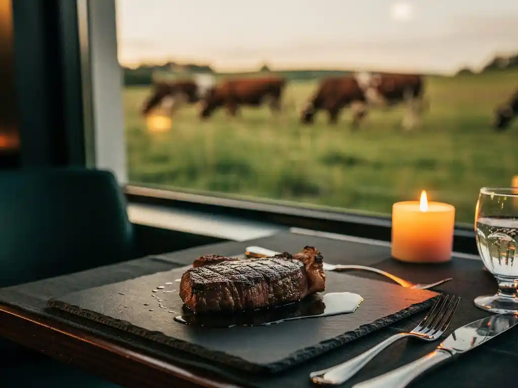 Dry-aged grass-fed steak on a slate plate with candlelit cutlery, cattle grazing on pasture visible through steakhouse window at golden hour.