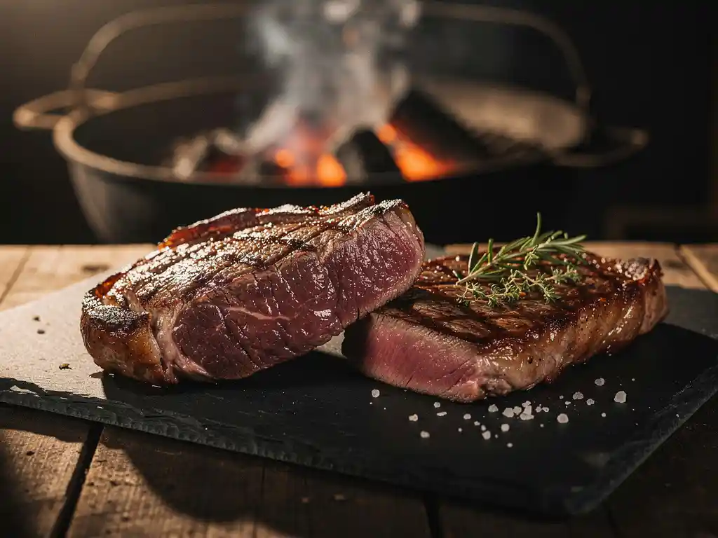 Two thick-cut grilled steaks on a dark slate board, one with a mahogany crust and marbled fat, the other herb-garnished, with a glowing charcoal grill behind.