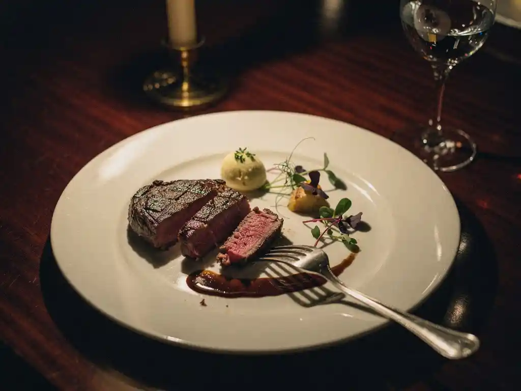Half-eaten premium steak on a white plate with untouched garnishes, abandoned fork, empty wine glass, and candle shadows on a dark mahogany table.